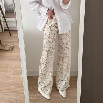 Irene | Dames Broek met Wijde Pijpen – Kantstructuur – Semi Transparant – Elegante Volledige Lengte