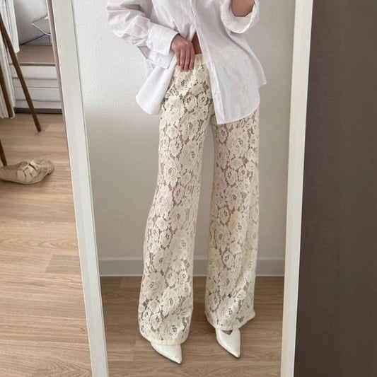 Irene | Dames Broek met Wijde Pijpen – Kantstructuur – Semi Transparant – Elegante Volledige Lengte