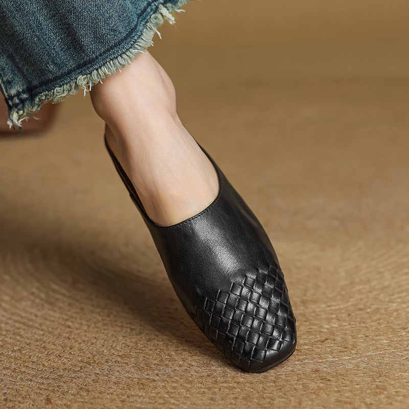 Women's Genuine Leather Mules with Woven Vamp