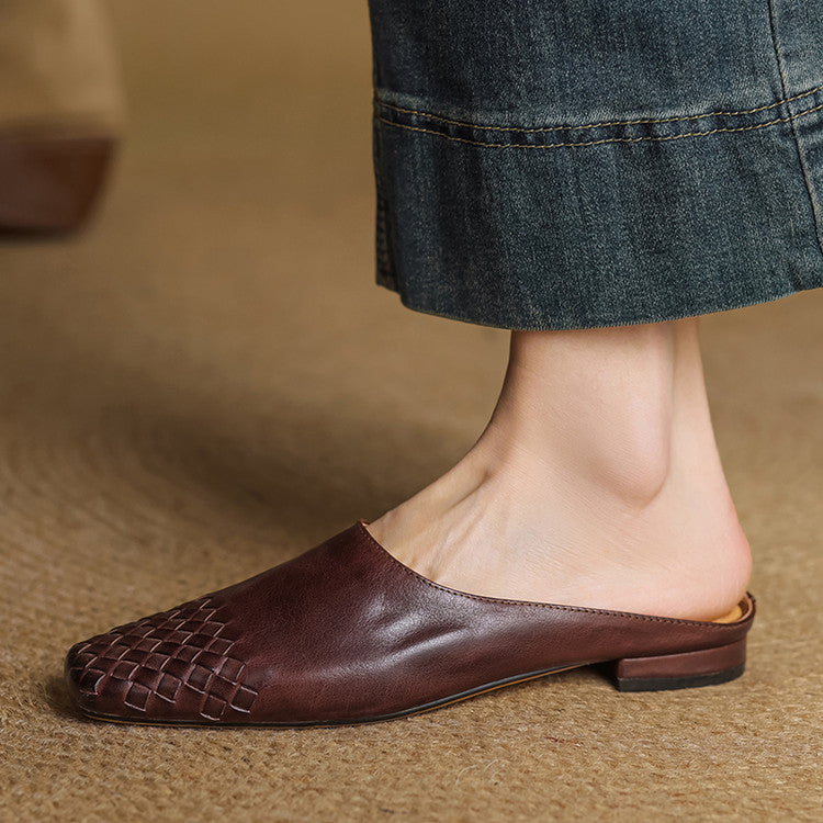 Women's Genuine Leather Mules with Woven Vamp