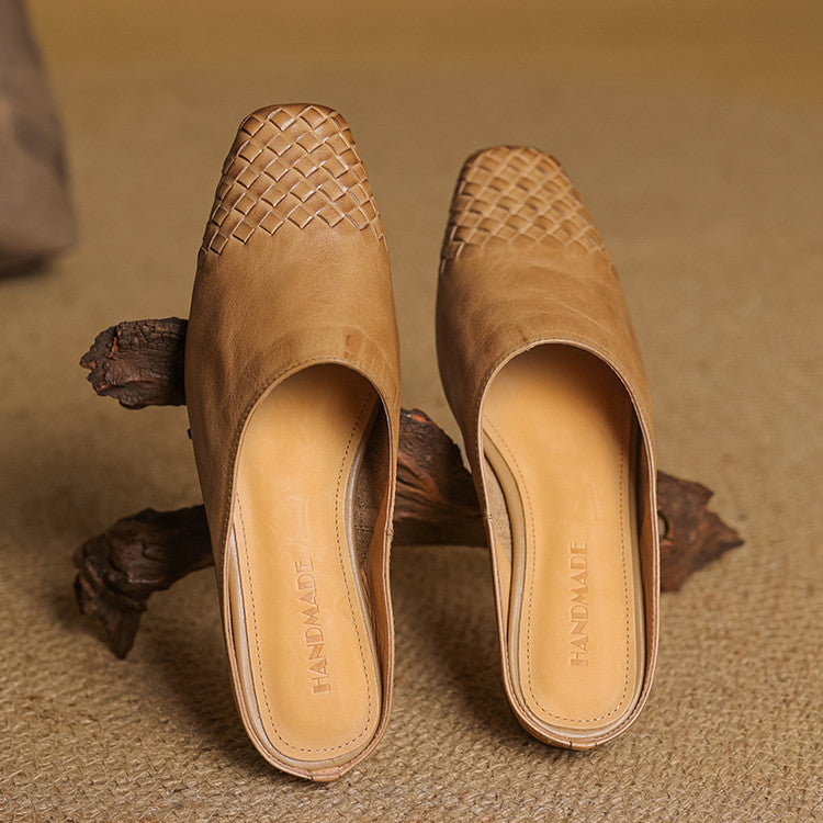 Women's Genuine Leather Mules with Woven Vamp