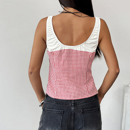 Gingham Geruite Top Dames | Slim fit tanktop met strikdetail in katoenmengsel