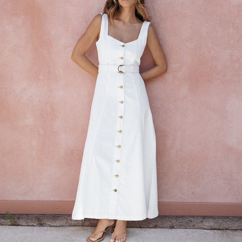 Elsa | Dames Maxi Jurk – Slim Fit – Mouwloos – Knoopsluiting – Ademende Stof – Ceintuur