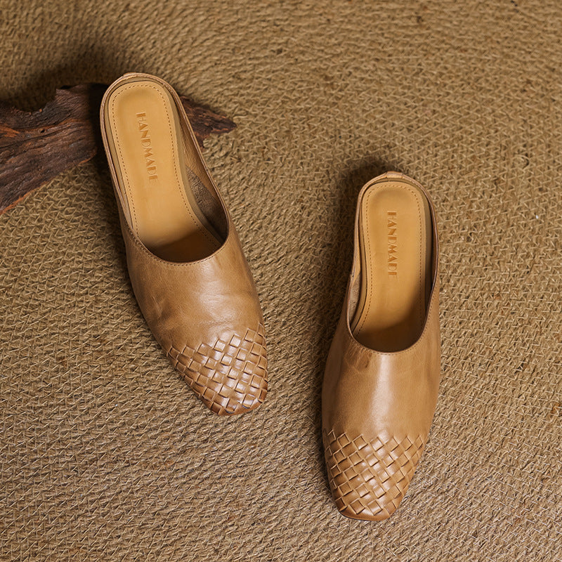 Women's Genuine Leather Mules with Woven Vamp