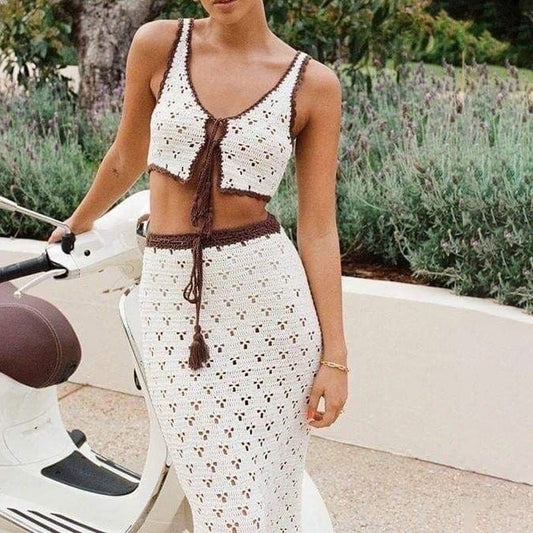 Hannie | Dames Set met Haakpatroon – Slim Fit Top & Midi Rok met Hoge Taille voor een Elegante Boho Look