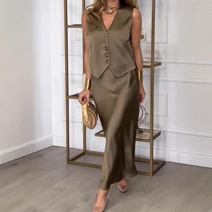 Satijnen Dames Set | Mouwloos gilet en midi rok in slim-fit design voor feestelijke elegantie
