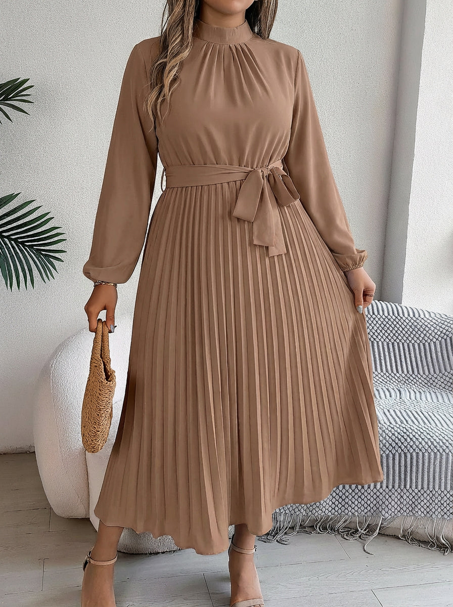 Maxi Dress for Women with Pleated Skirt and Waist Belt