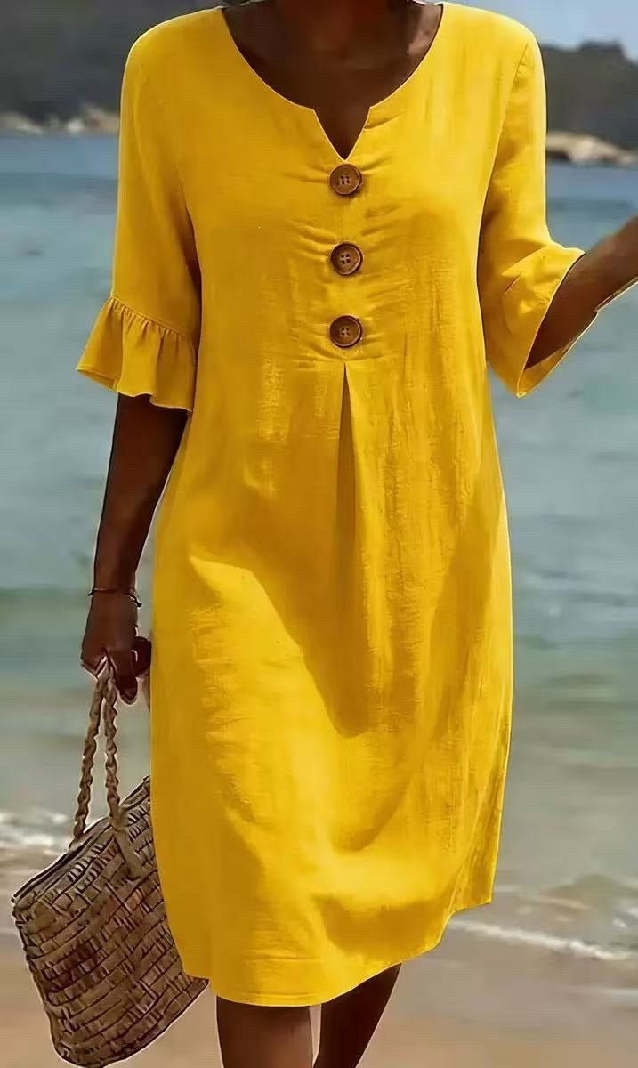 Women's Loose-Fit Button-Front Dress with Flowing Sleeves
