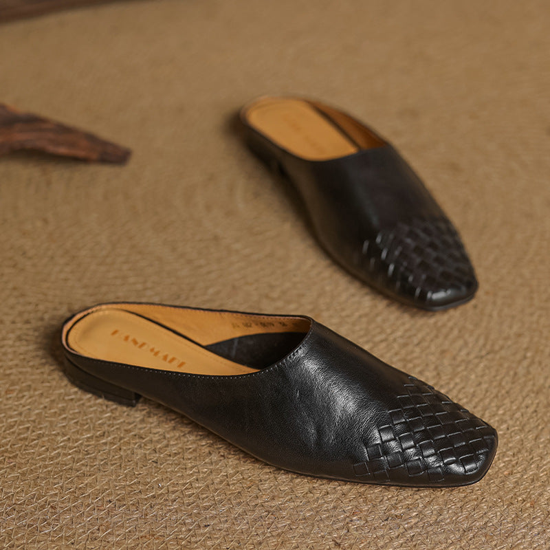 Women's Genuine Leather Mules with Woven Vamp