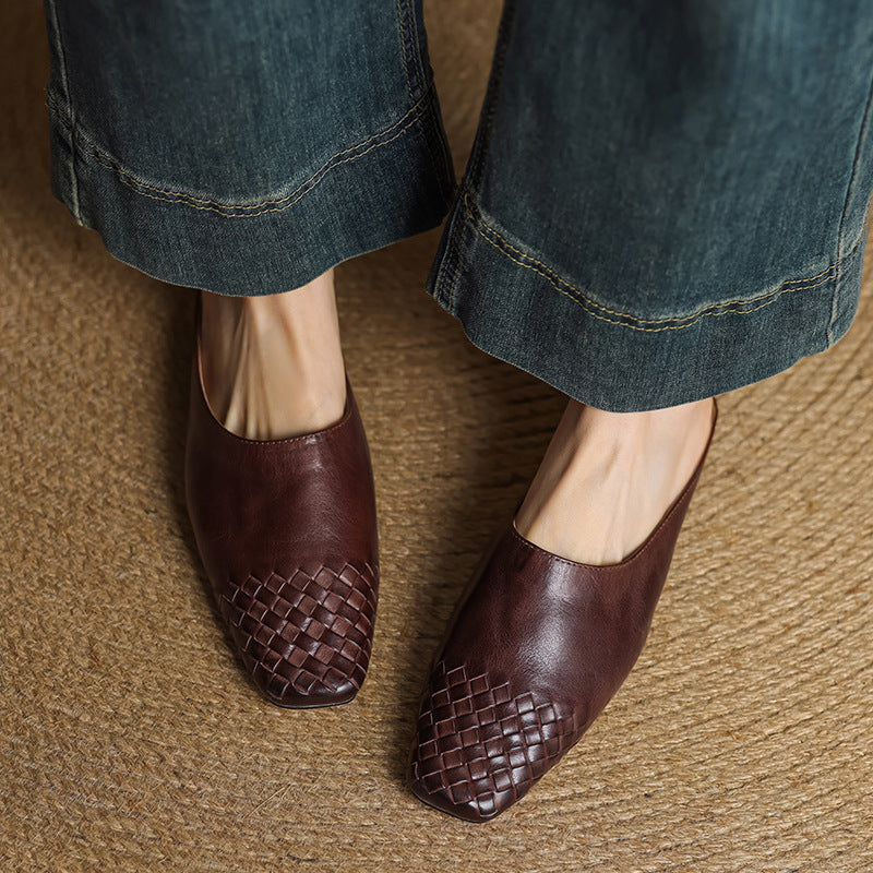 Women's Genuine Leather Mules with Woven Vamp