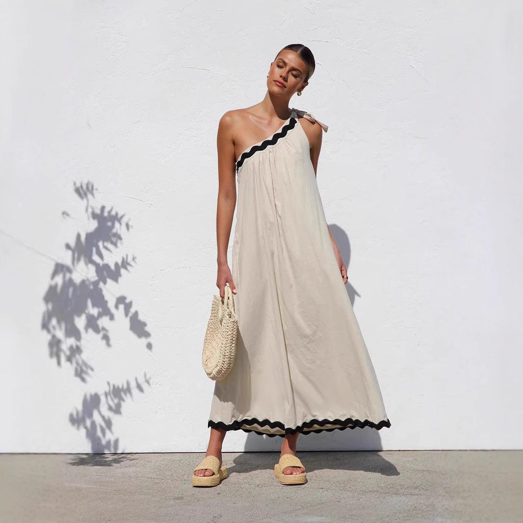 Elsbeth | Dames Maxi Jurk – One Shoulder – Relaxed Fit – Scalloped Zoom – Ademend Materiaal