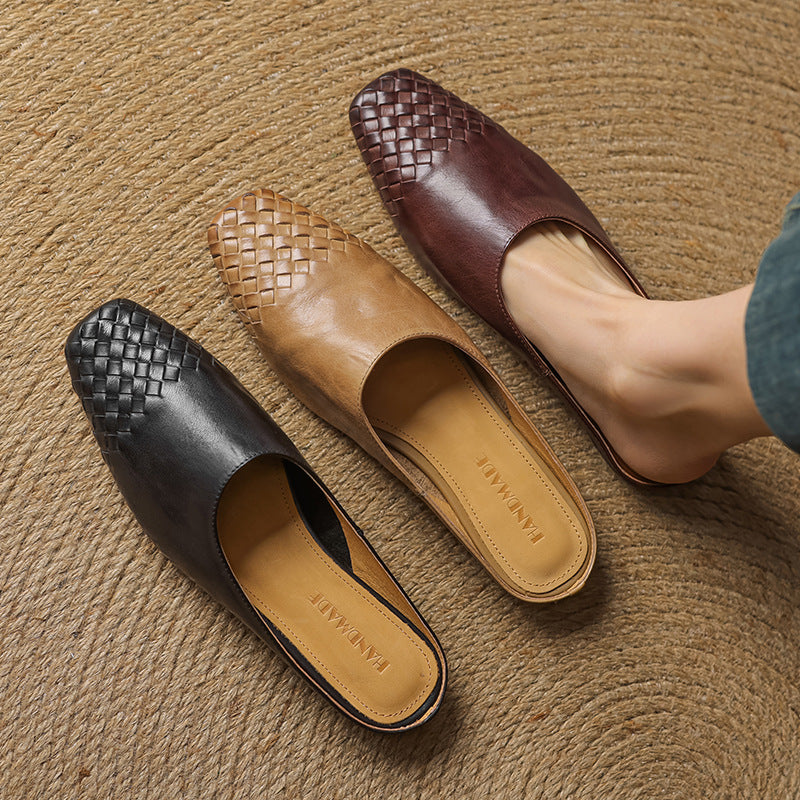 Women's Genuine Leather Mules with Woven Vamp