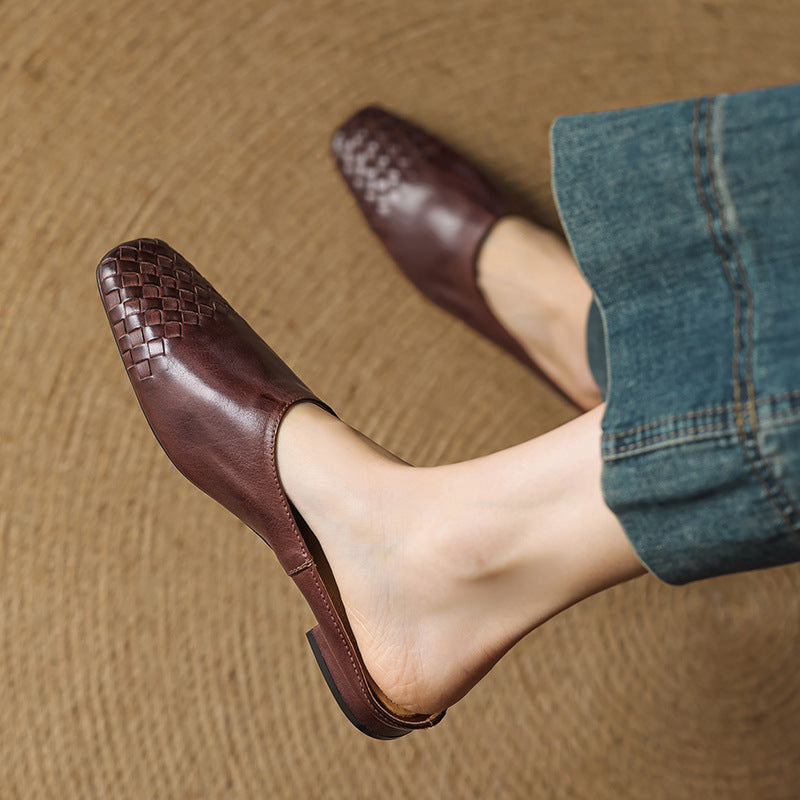 Women's Genuine Leather Mules with Woven Vamp