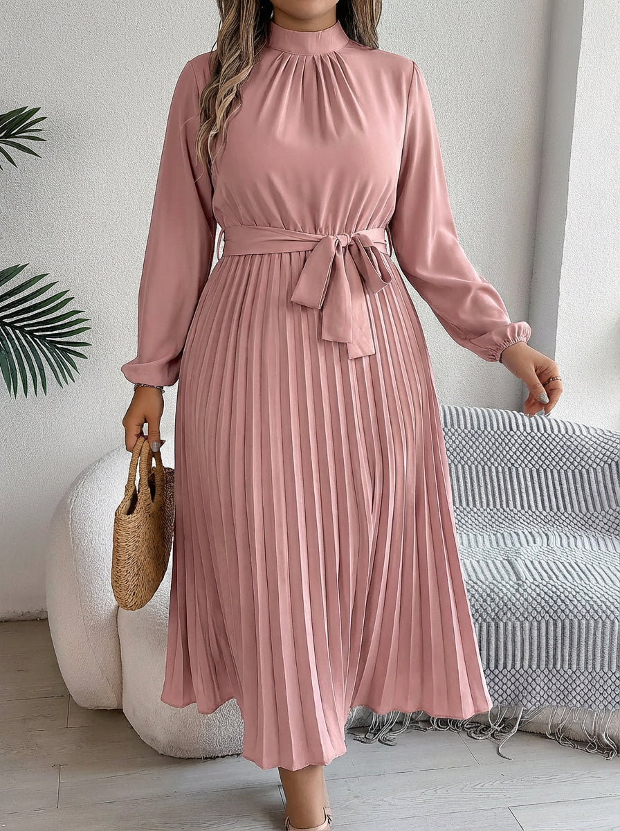 Maxi Dress for Women with Pleated Skirt and Waist Belt