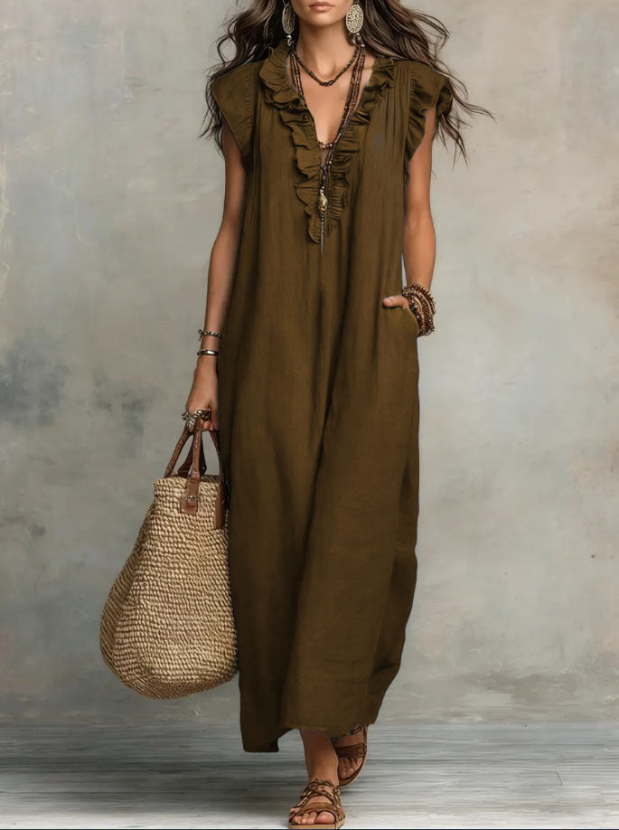 Women's Maxi Dress - Flowing Linen-Cotton Blend with Ruffle Detail