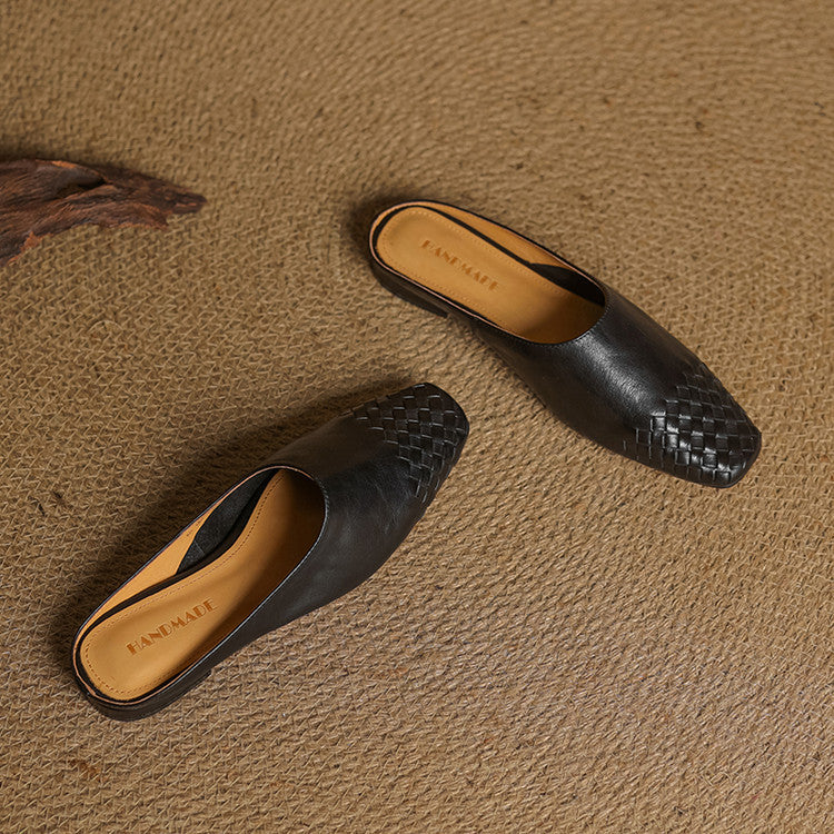 Women's Genuine Leather Mules with Woven Vamp