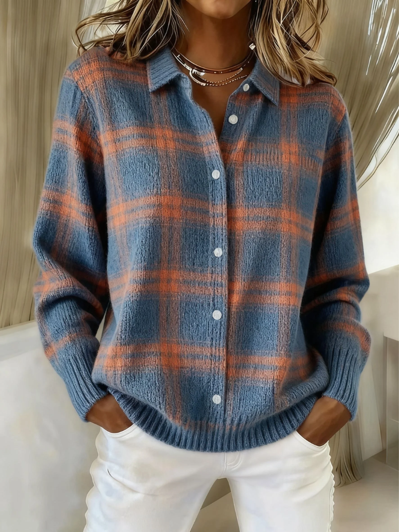 Women's Knitted Blouse Check Pattern - Wool Blend