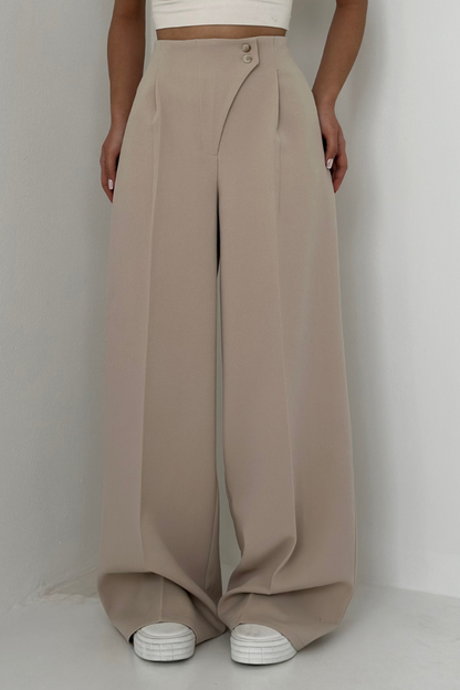 Lena Pantalon | Dames High-Waisted Wide-Leg Broek met Elegante Knopen