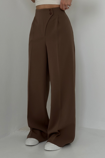 Lena Pantalon | Dames High-Waisted Wide-Leg Broek met Elegante Knopen