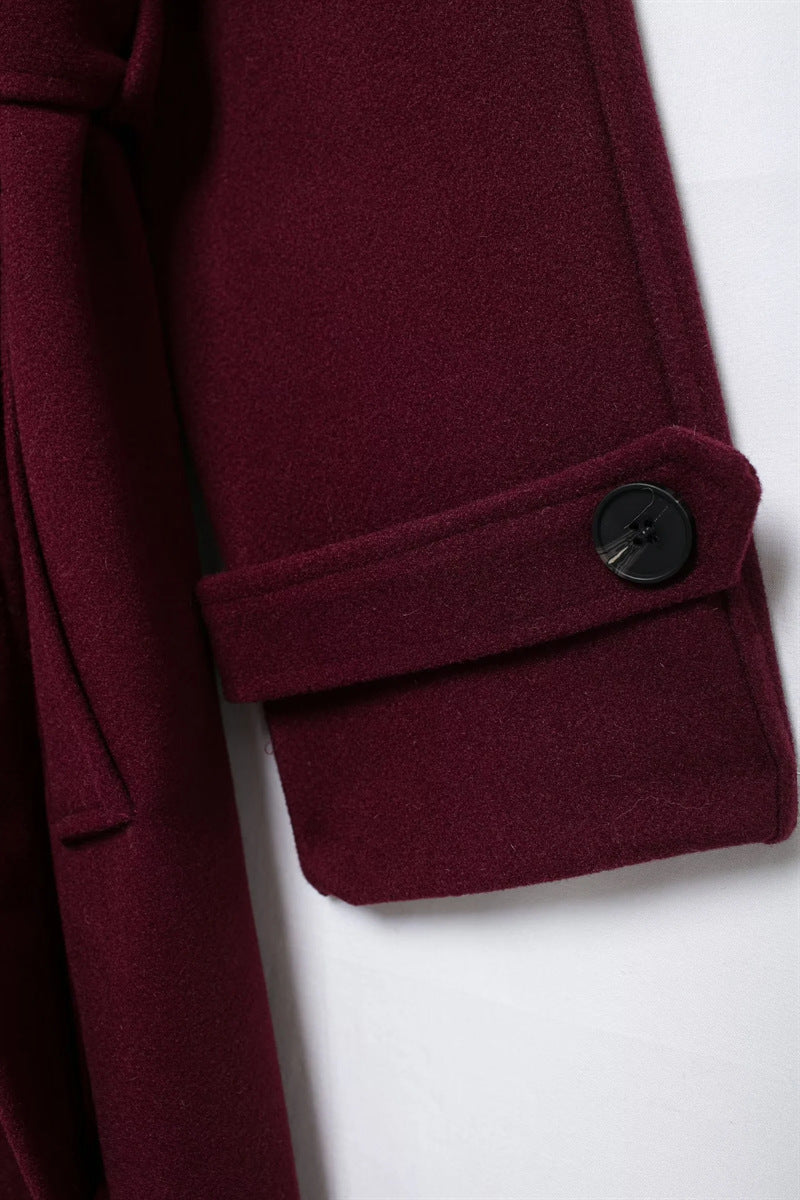 Romee Mantel Jas | Damesjas in Burgundy met Ceintuur en Dubbele Knopenrij