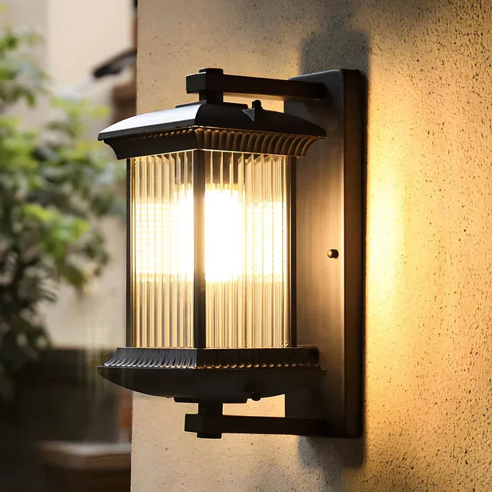 Outdoor Wall Lantern Light with Fluted Glass, Coffee-Brown Finish