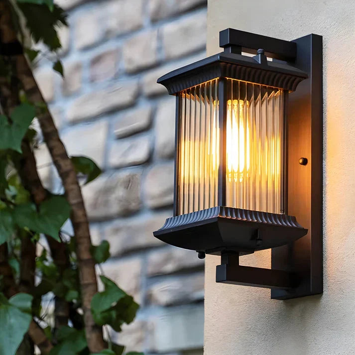 Outdoor Wall Lantern Light with Fluted Glass, Coffee-Brown Finish