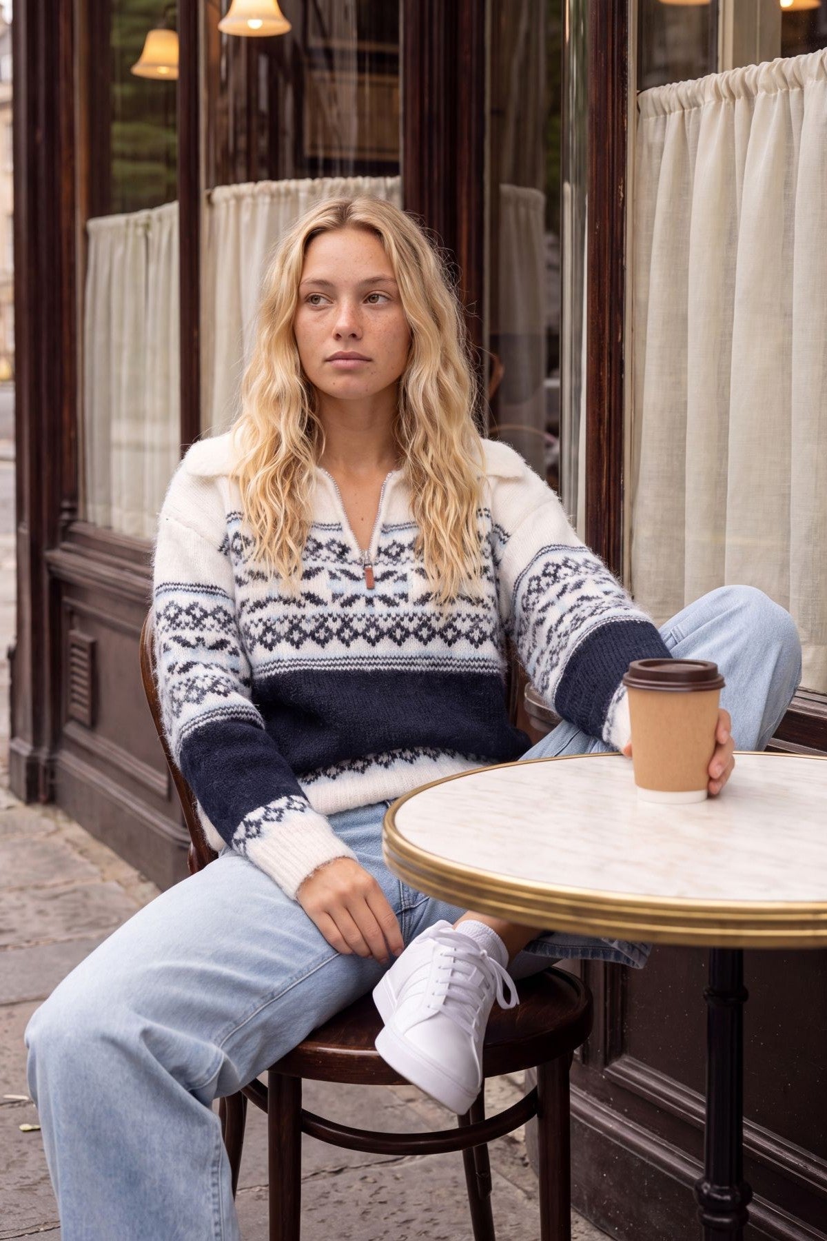 Women's Zip Collar Knit Jumper - Nordic Style Sweater