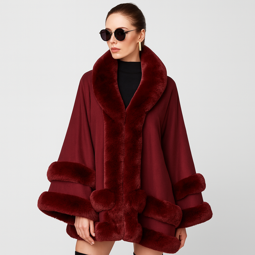 Women's Cape Coat with Faux Fur Trim and Shawl Collar