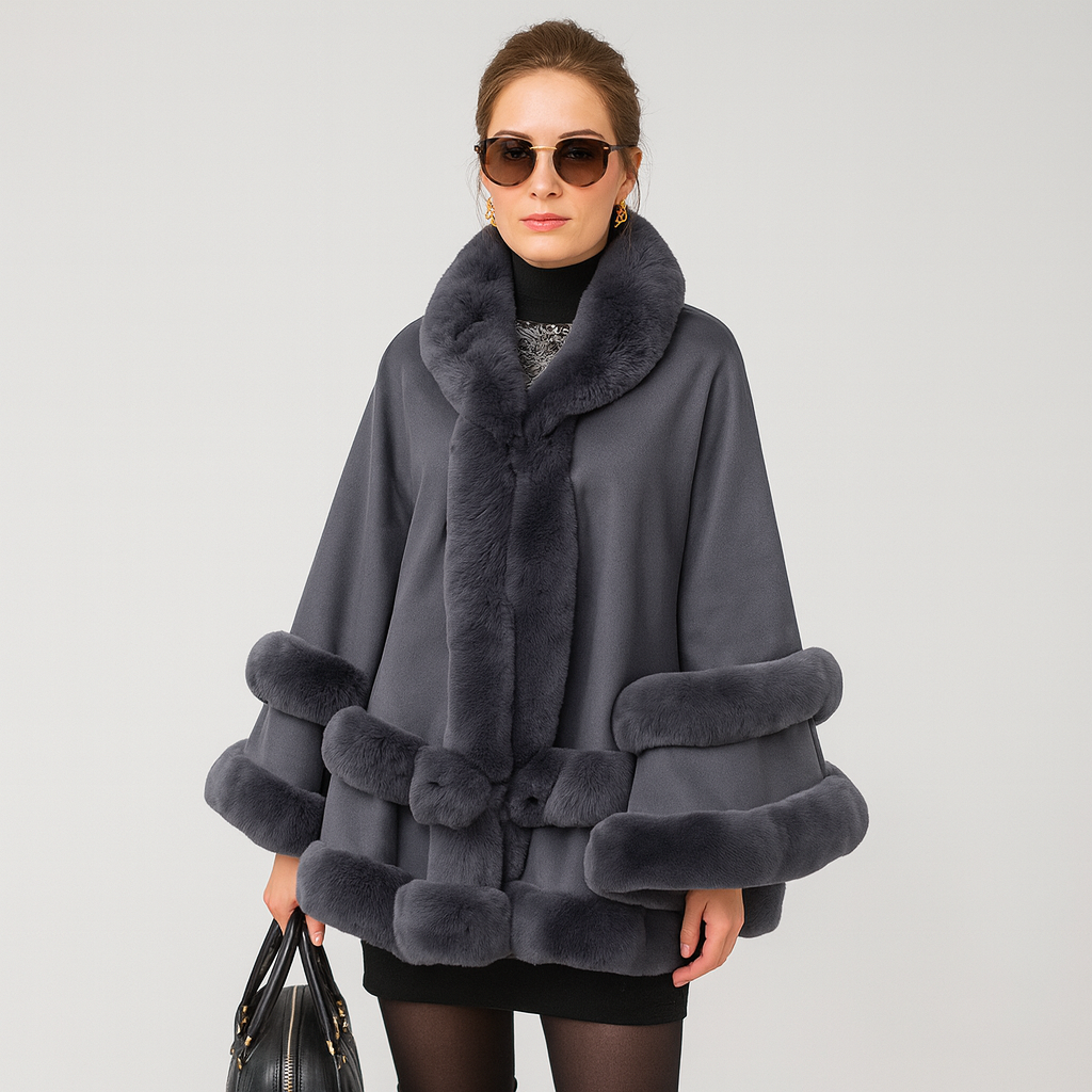 Women's Cape Coat with Faux Fur Trim and Shawl Collar