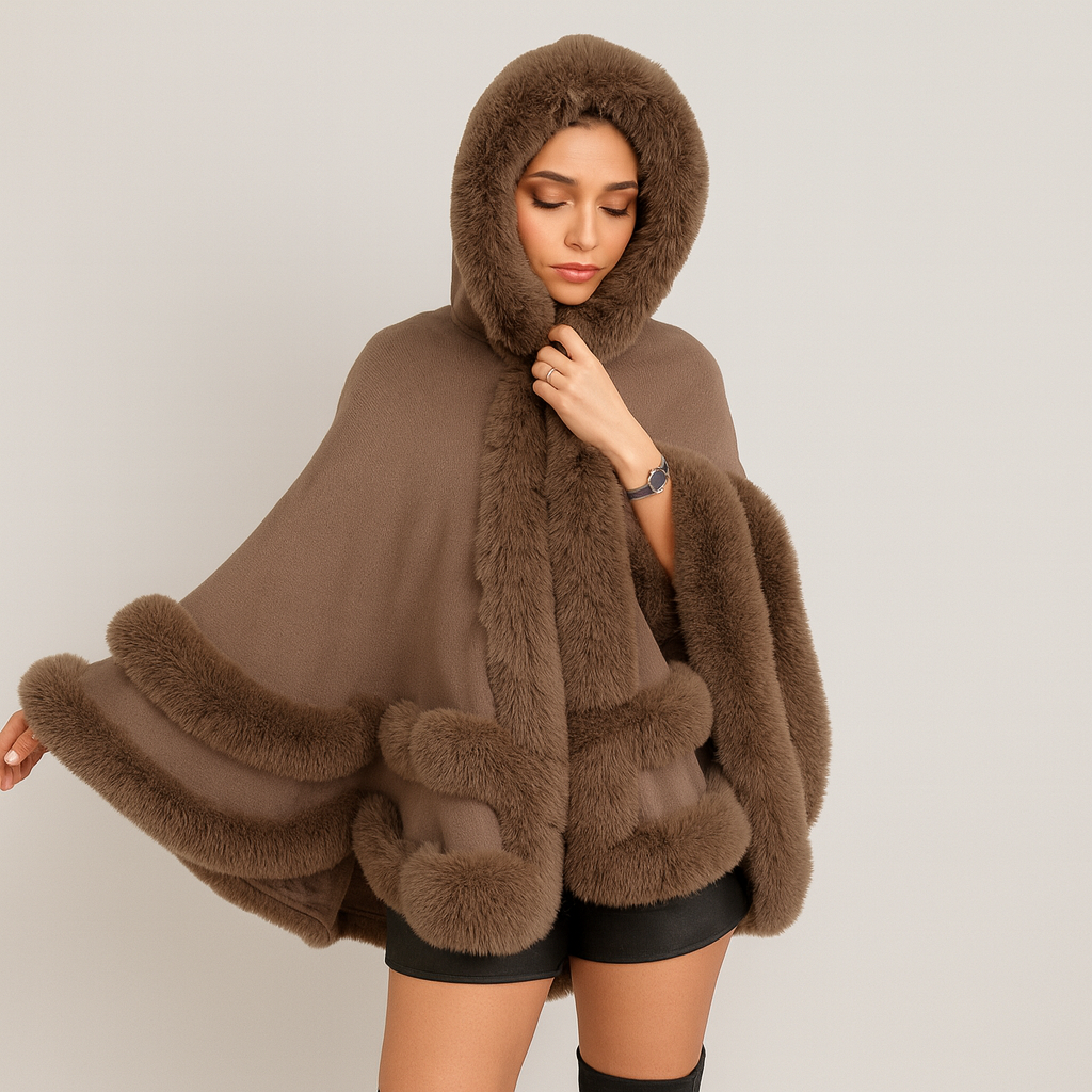 Women's Cape Coat with Faux Fur Trim and Shawl Collar