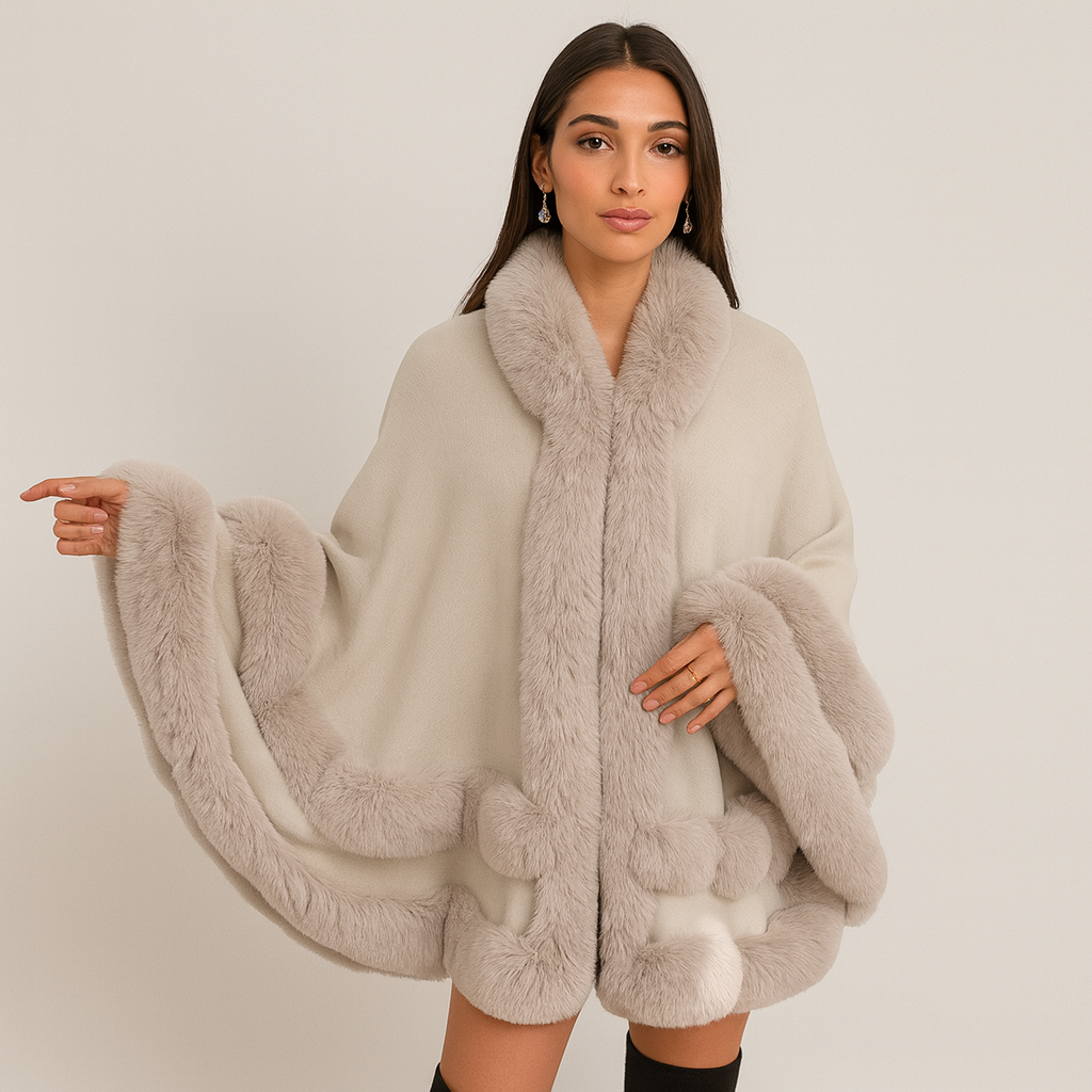 Women's Cape Coat with Faux Fur Trim and Shawl Collar