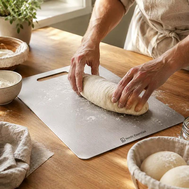 Premium Stainless Steel Chopping Board by Nordic Essentials on a wooden kitchen counter, used to roll dough.