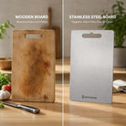 Premium Stainless Steel Chopping Board on a kitchen counter; two boards visible, Nordic Essentials and a wooden board.