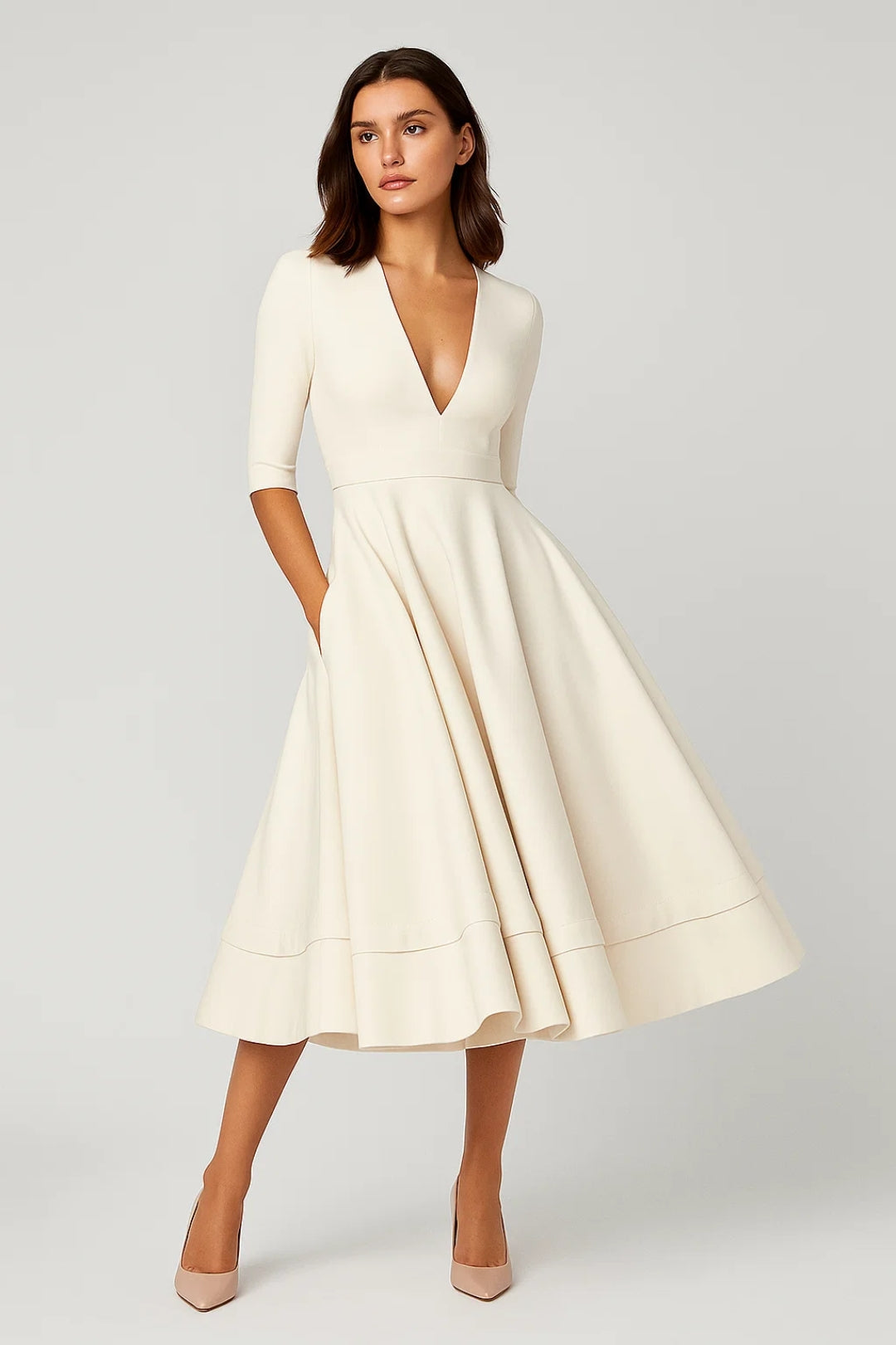Women's Midi Dress V-Neck Flared Silhouette