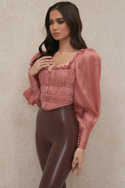 Miriam | Dames Blouse – Getailleerd Model, Satijnlook, Ruches, Pofmouwen & Sweetheart Halslijn