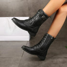 Women's Lace-Up Mid-Calf Boots - Leather Upper with Zipper