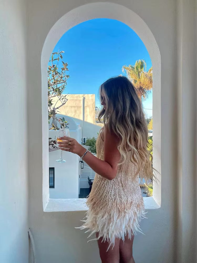 Women's Feather-Trim Mini Dress – Glamorous Evening Look