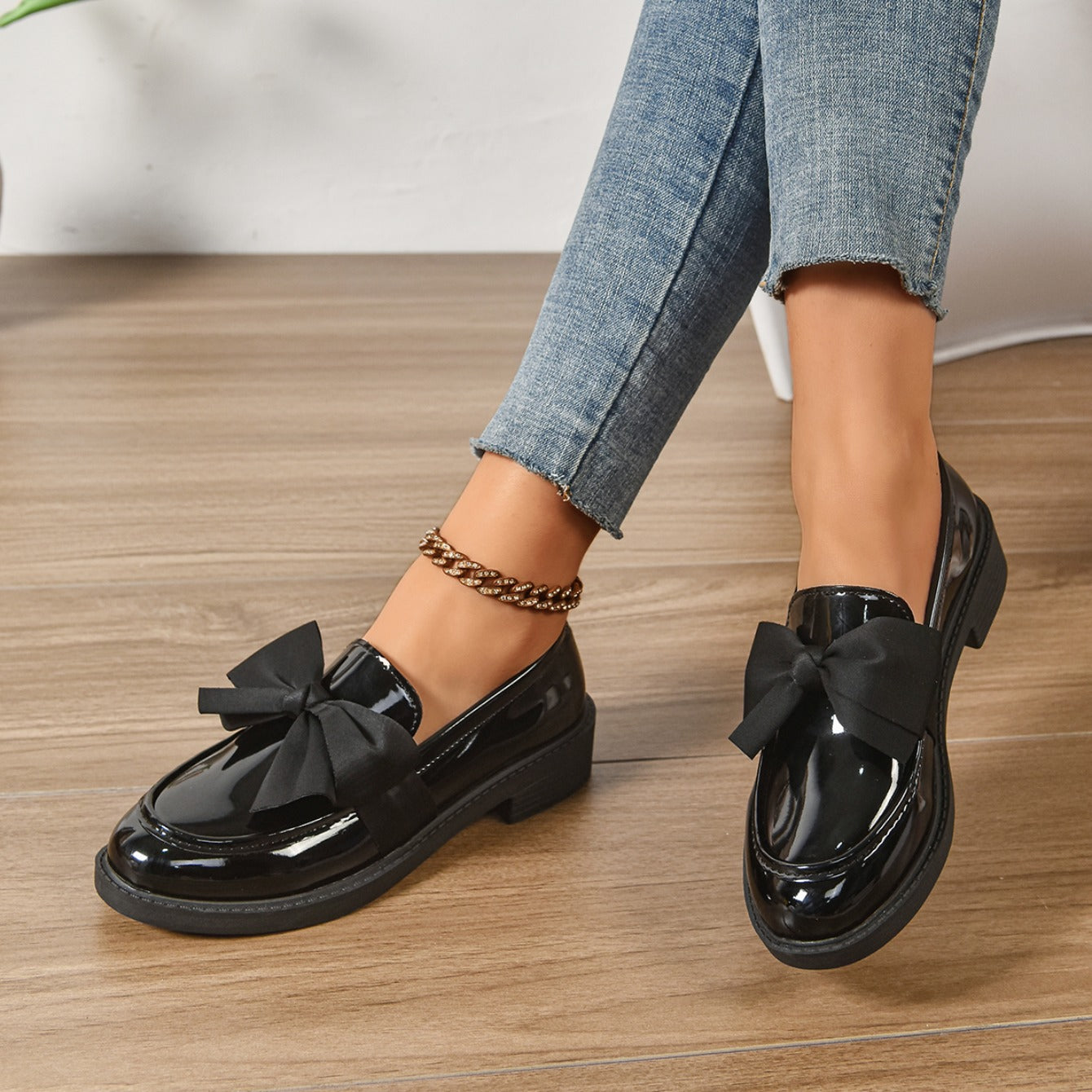 Women's Bow Loafers – Glossy Leather Platform Slip-Ons