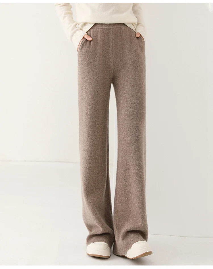 Women's Merino Wool Pants, High-Waisted Wide-Leg Knit