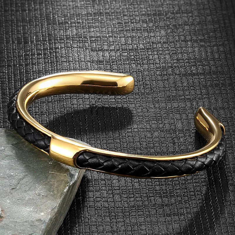Men's Leather Cuff Bracelet - Stainless Steel and Braided Leather