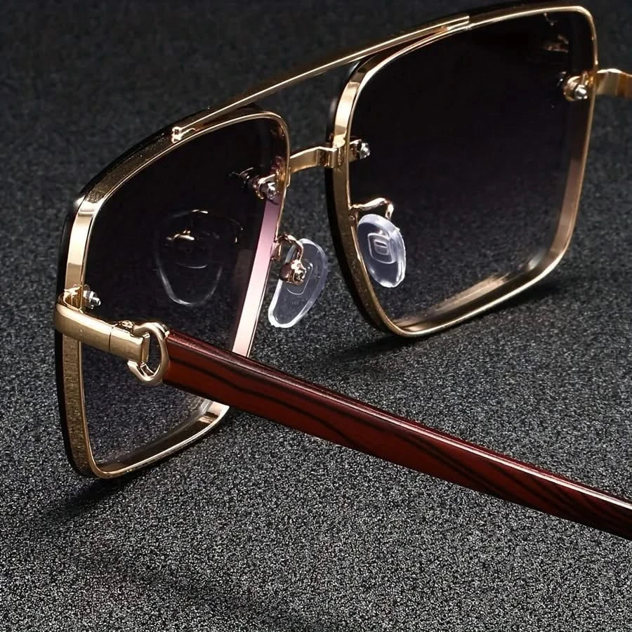 Square Metal Sunglasses with Wooden-Finish Arms