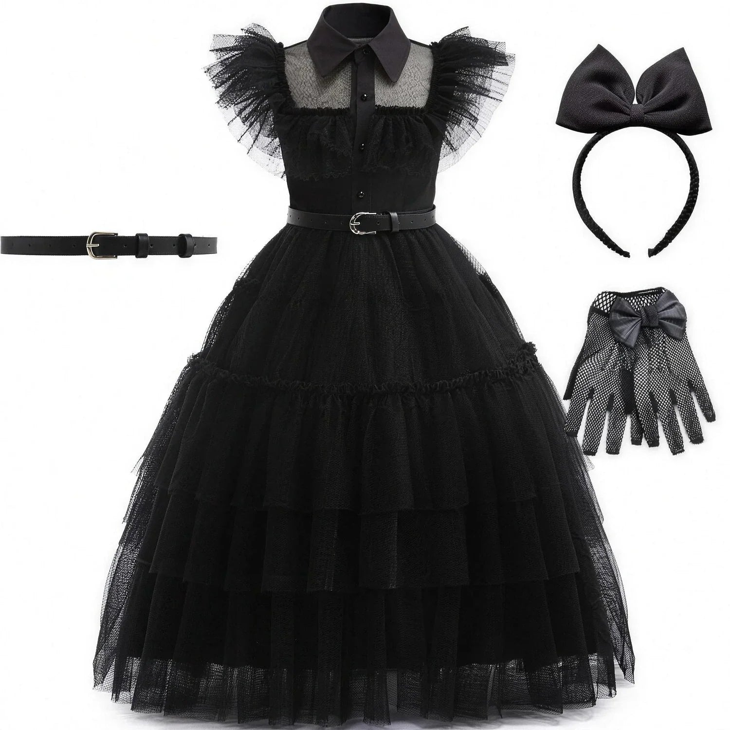 Wednesday Addams costume with signature bow headband and fishnet gloves bundle