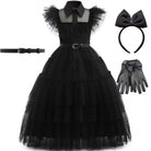 Wednesday Addams costume with signature bow headband and fishnet gloves bundle