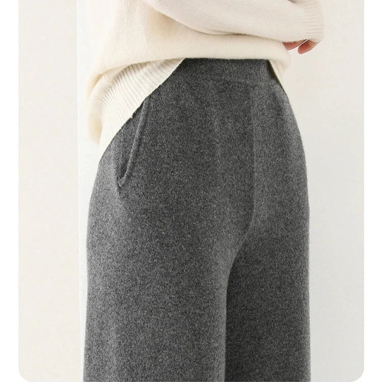 Women's Merino Wool Pants, High-Waisted Wide-Leg Knit