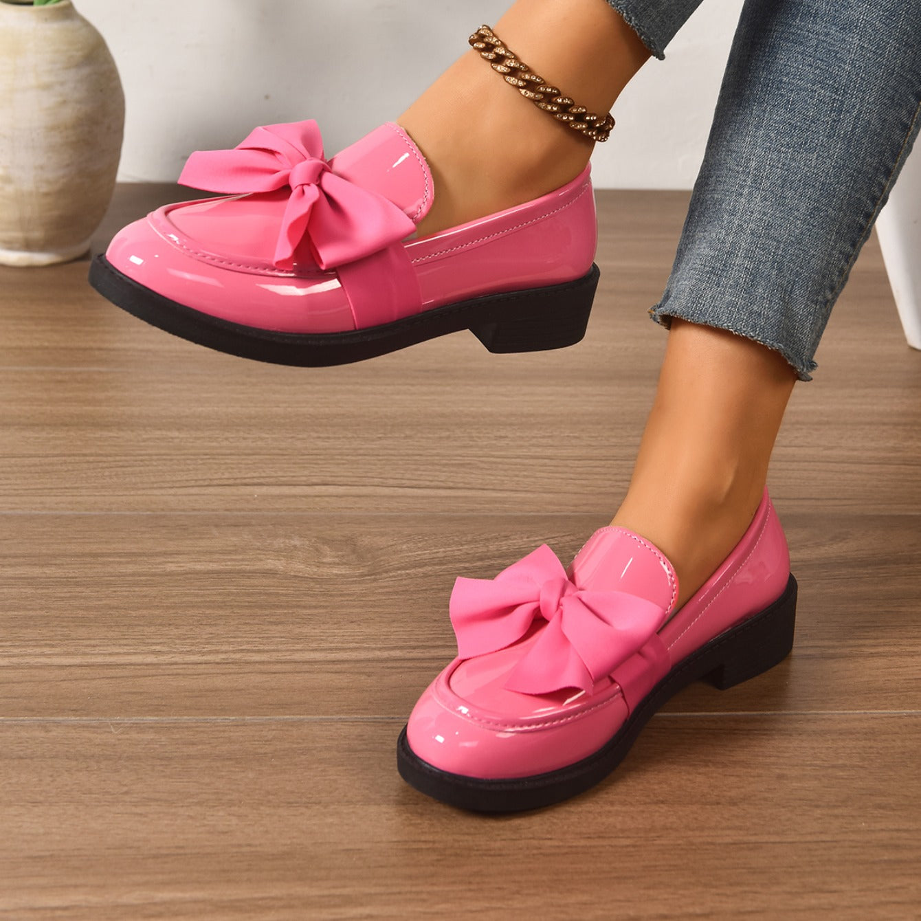 Women's Bow Loafers – Glossy Leather Platform Slip-Ons