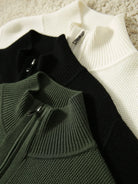Women's wool zip-up cardigan by Christine Brewer, featuring a classic jean-style design in a cozy, stylish fit.
