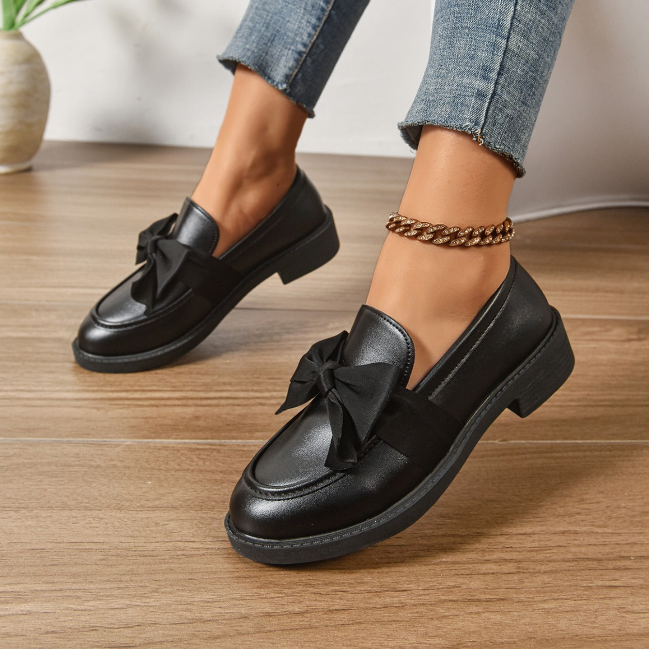 Women's Bow Loafers – Glossy Leather Platform Slip-Ons