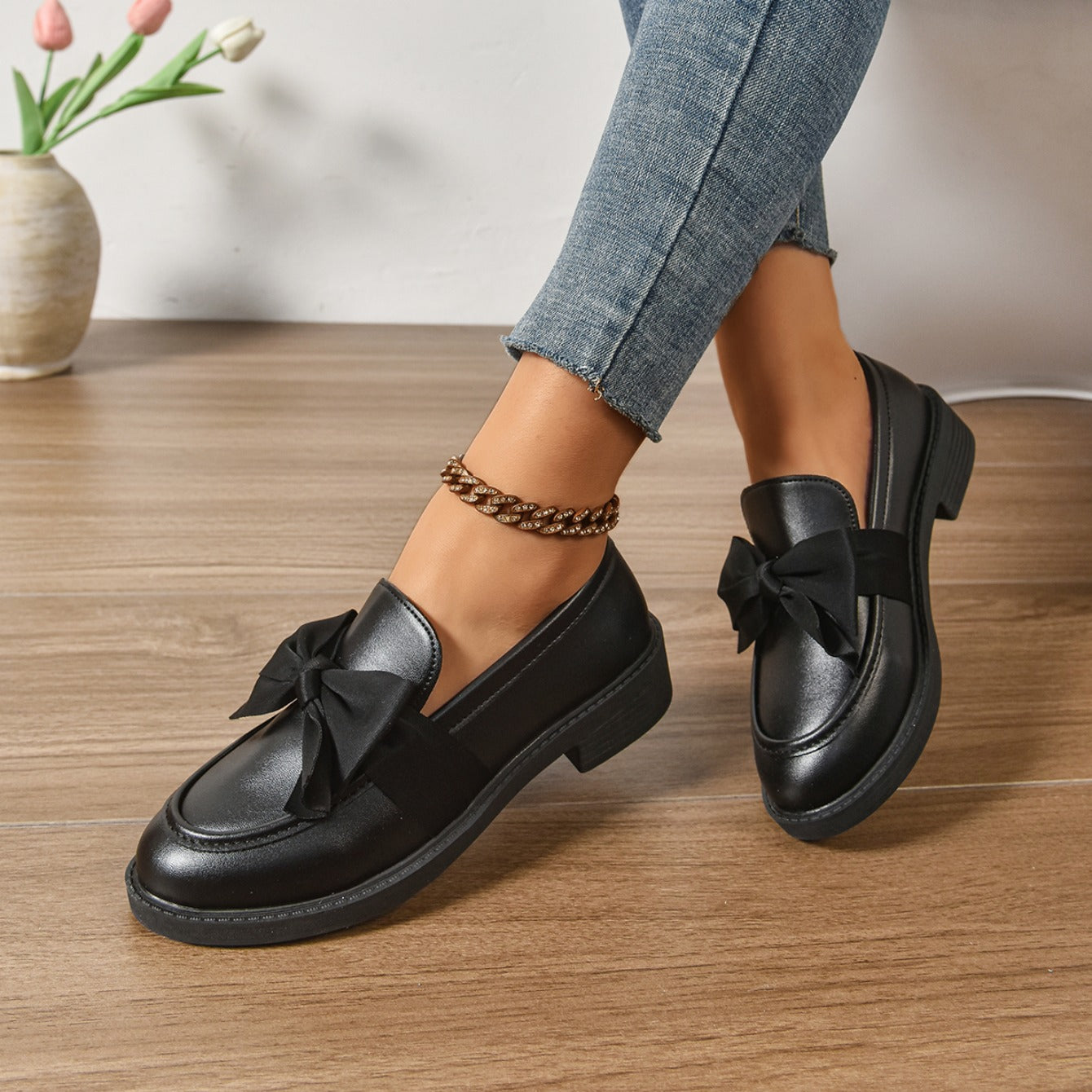 Women's Bow Loafers – Glossy Leather Platform Slip-Ons