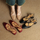 Women's Leather Block Heels with Closed Toe and Ankle Strap