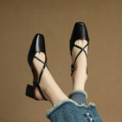 Women's Leather Block Heels with Closed Toe and Ankle Strap